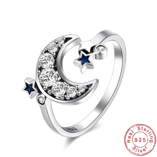 New Fashion Design creativo Moon Star Zircon Resizable Rings 925 Sterling Silver Rhinestone Elegante anello WomenGirl Jewelry Gift
